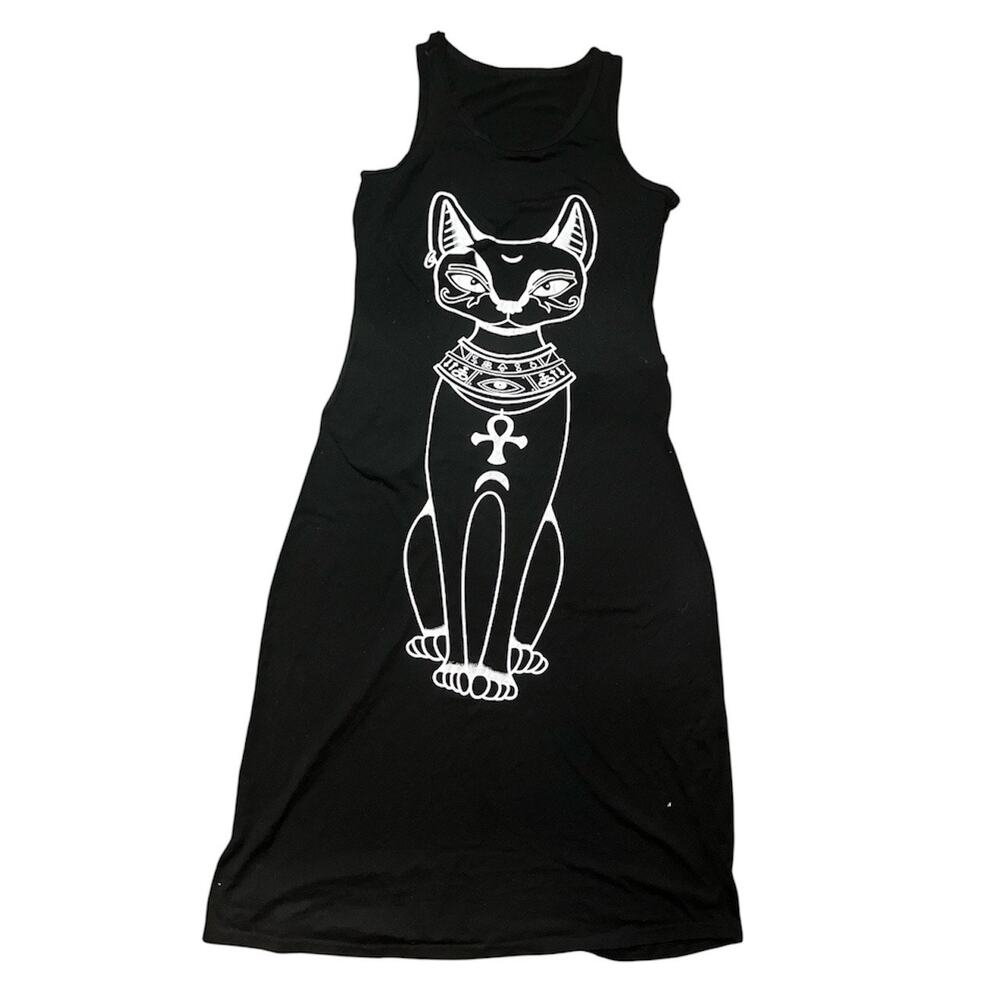 Egyptian Cat Maxi Dress Y2K Goth Stretch Tank Dress Pockets XL Black